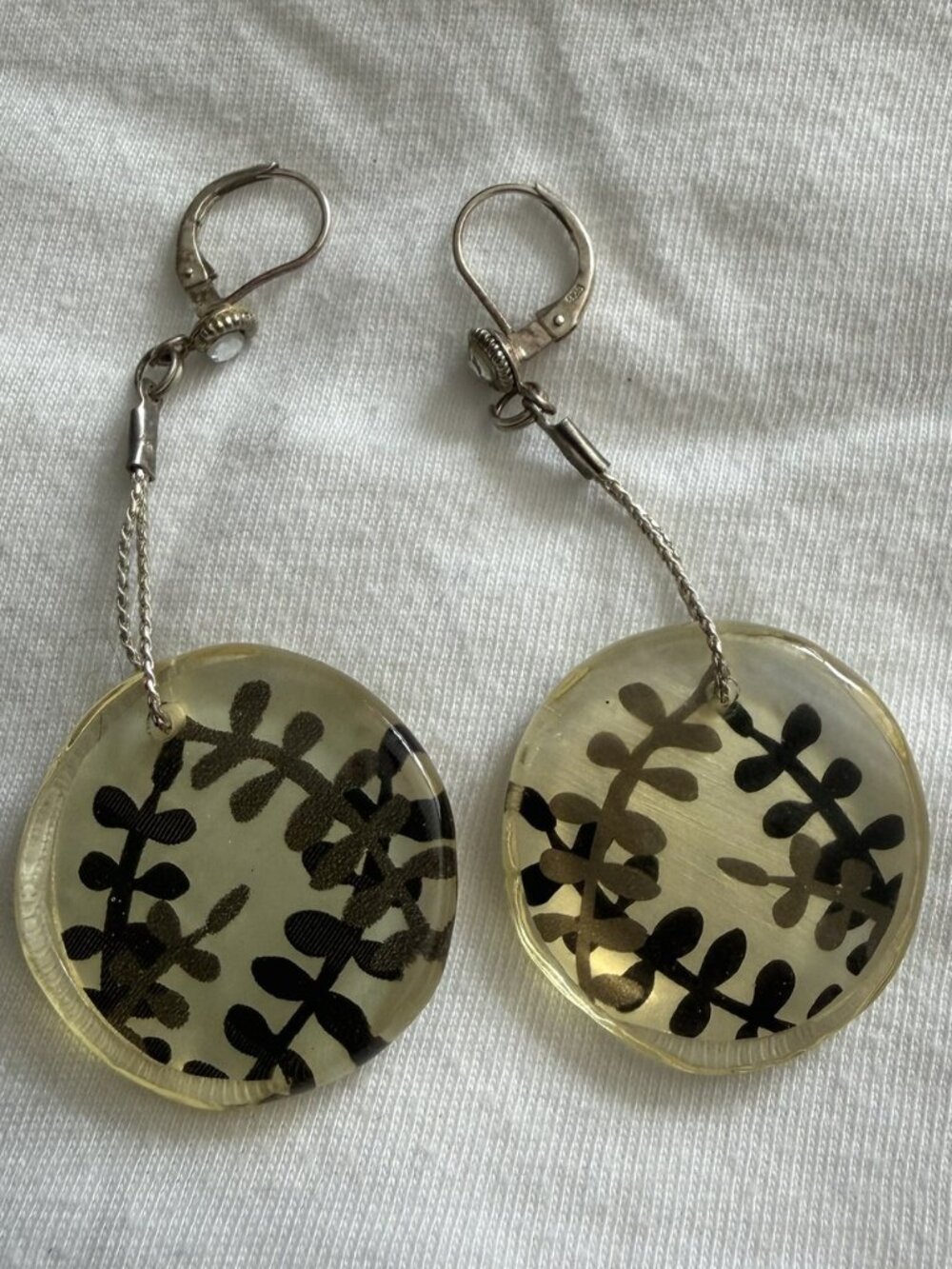 Translucent Botanical Print Disc Leverback Drop Earrings